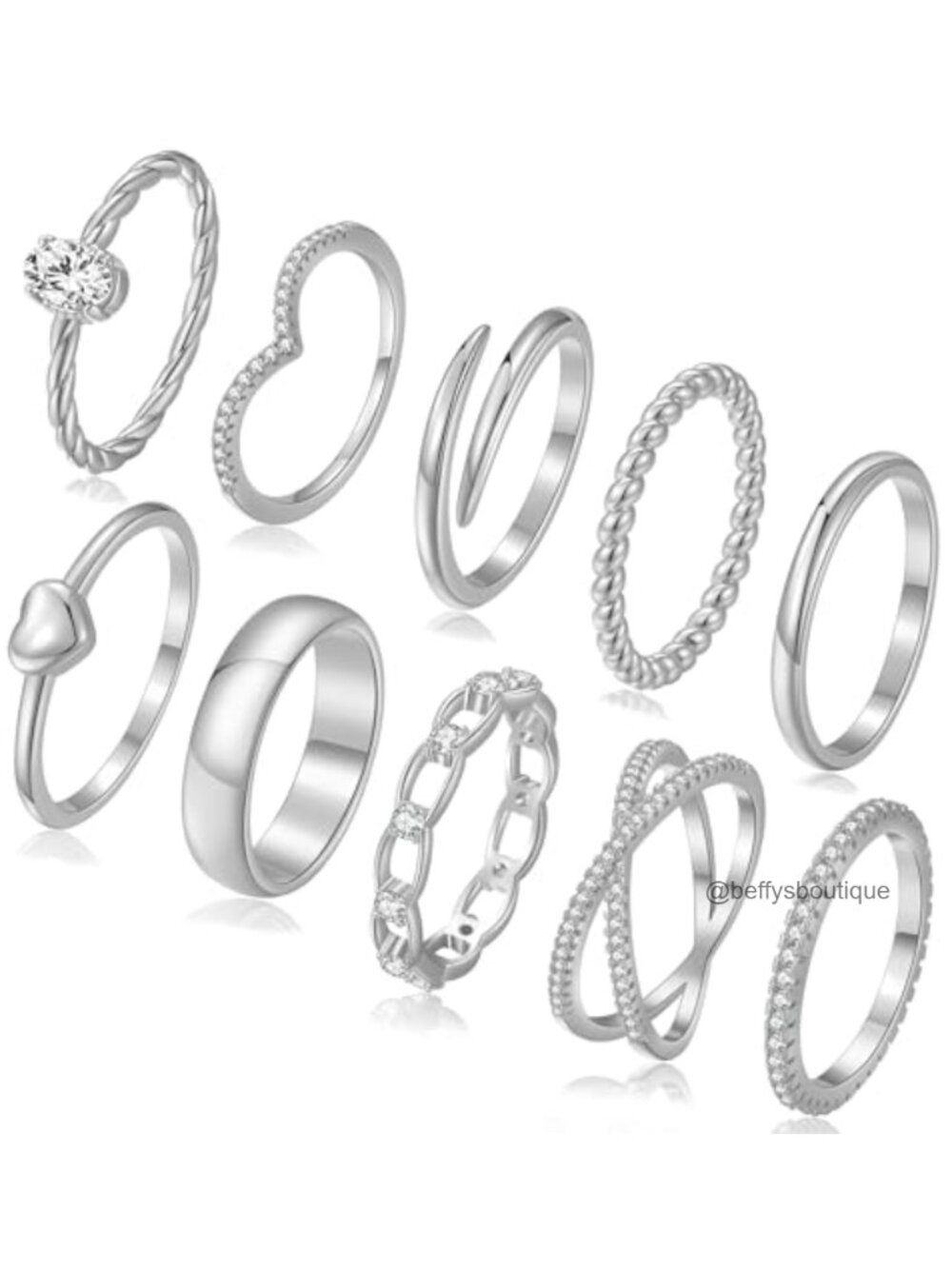10 Pc Stackable Rings Set Silver Plated Copper Cubic Zirconia Dainty Rings Women